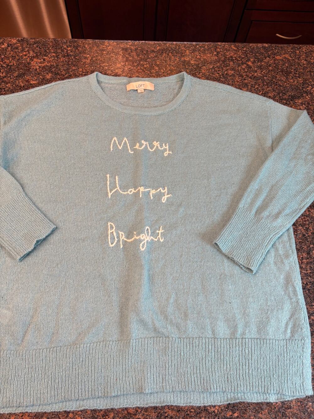 Loft Light Blue "Merry Happy Bright" Holiday Sweater Size L